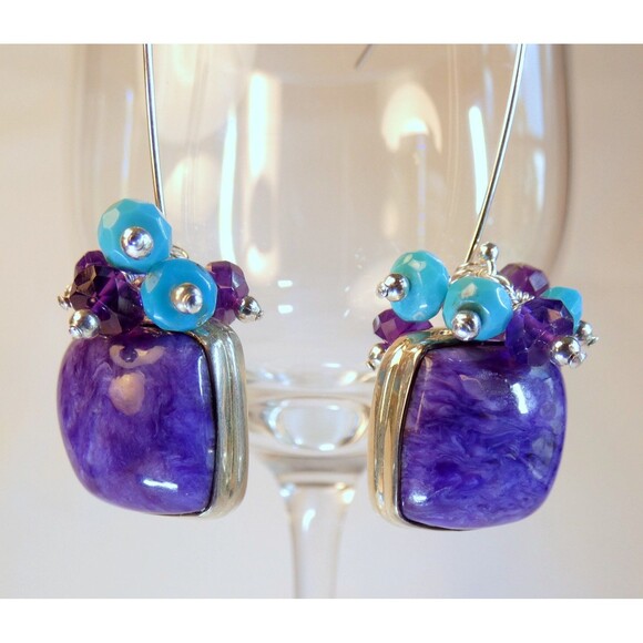 Purple Charoite - Amethyst - Turquoise Beaded Sterling Silver Earrings Handmade - Picture 3 of 6